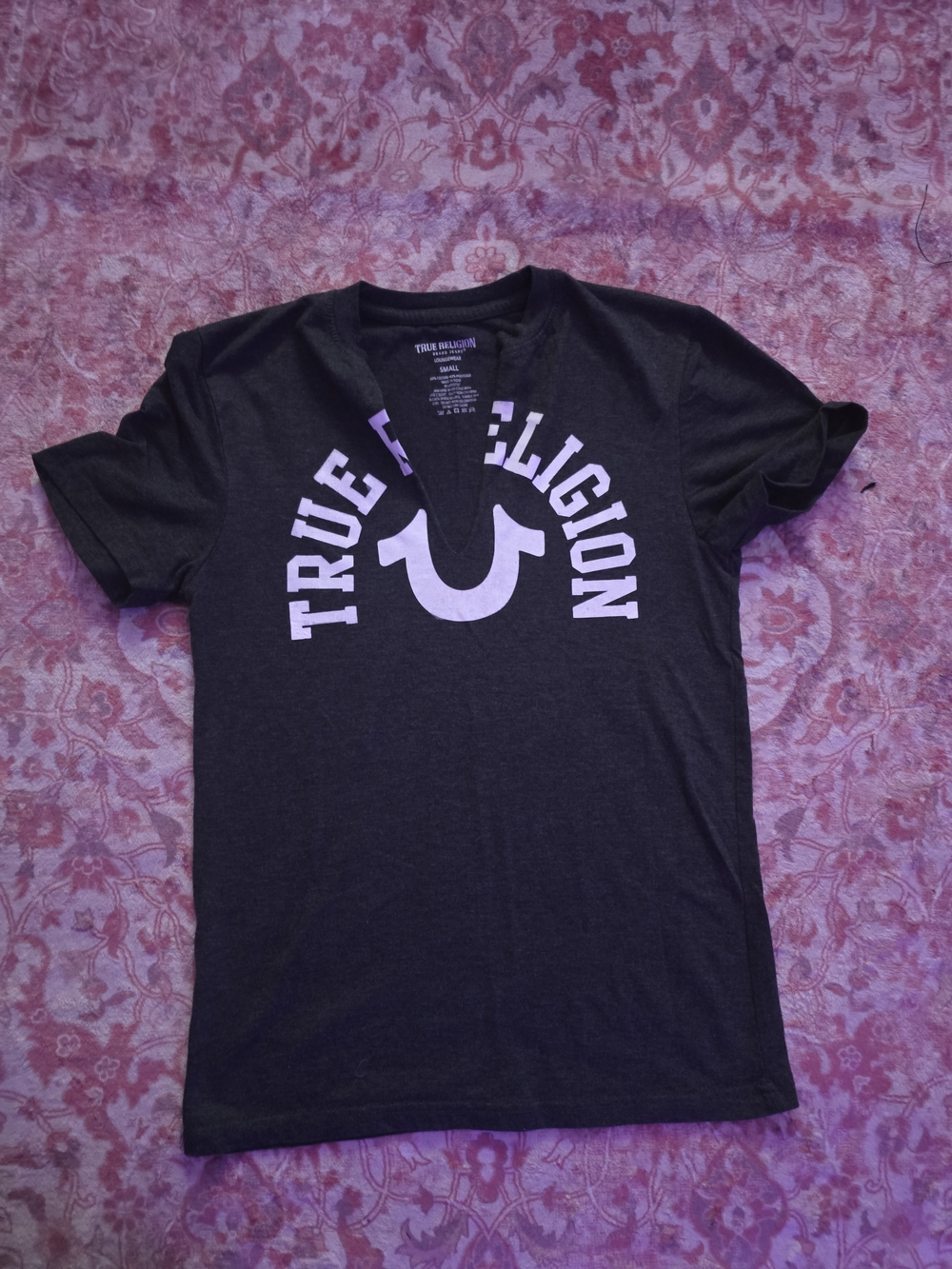 True Religion Black Short Sleeve V-Neck Tee with White Logo